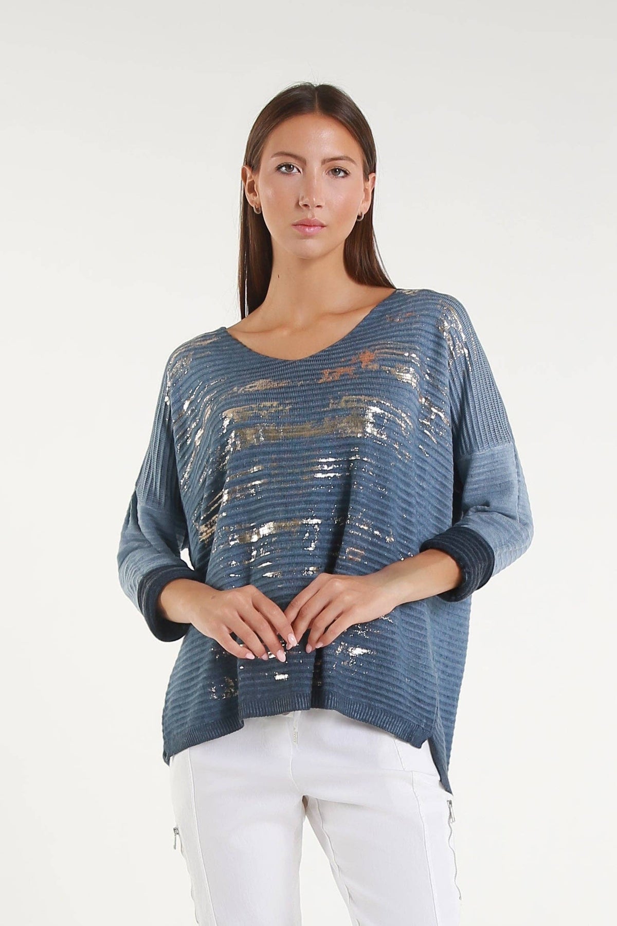 Emilia Metallic Accent Ribbed Knit Top Navy One Size