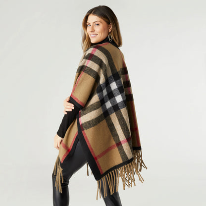 Jora Plaid Wrap with Fringe Taupe