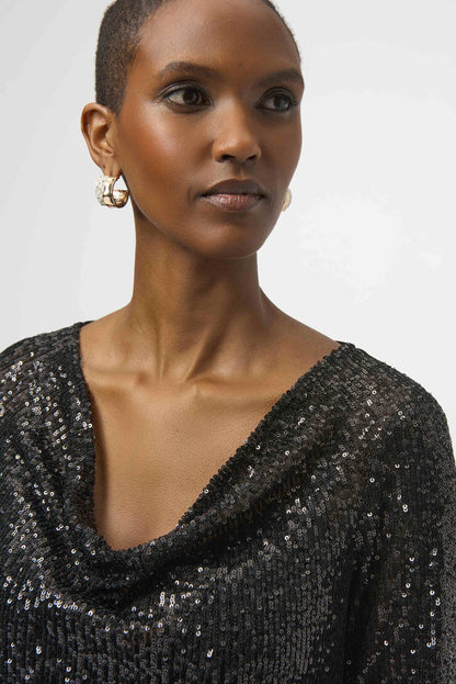 Sequined Knit and Silky Knit Straight Top