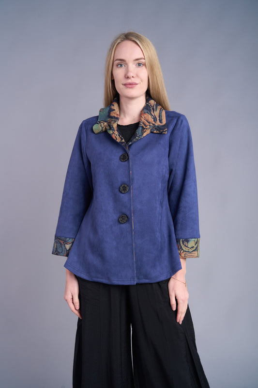 Suede Short Collar Navy Jacket