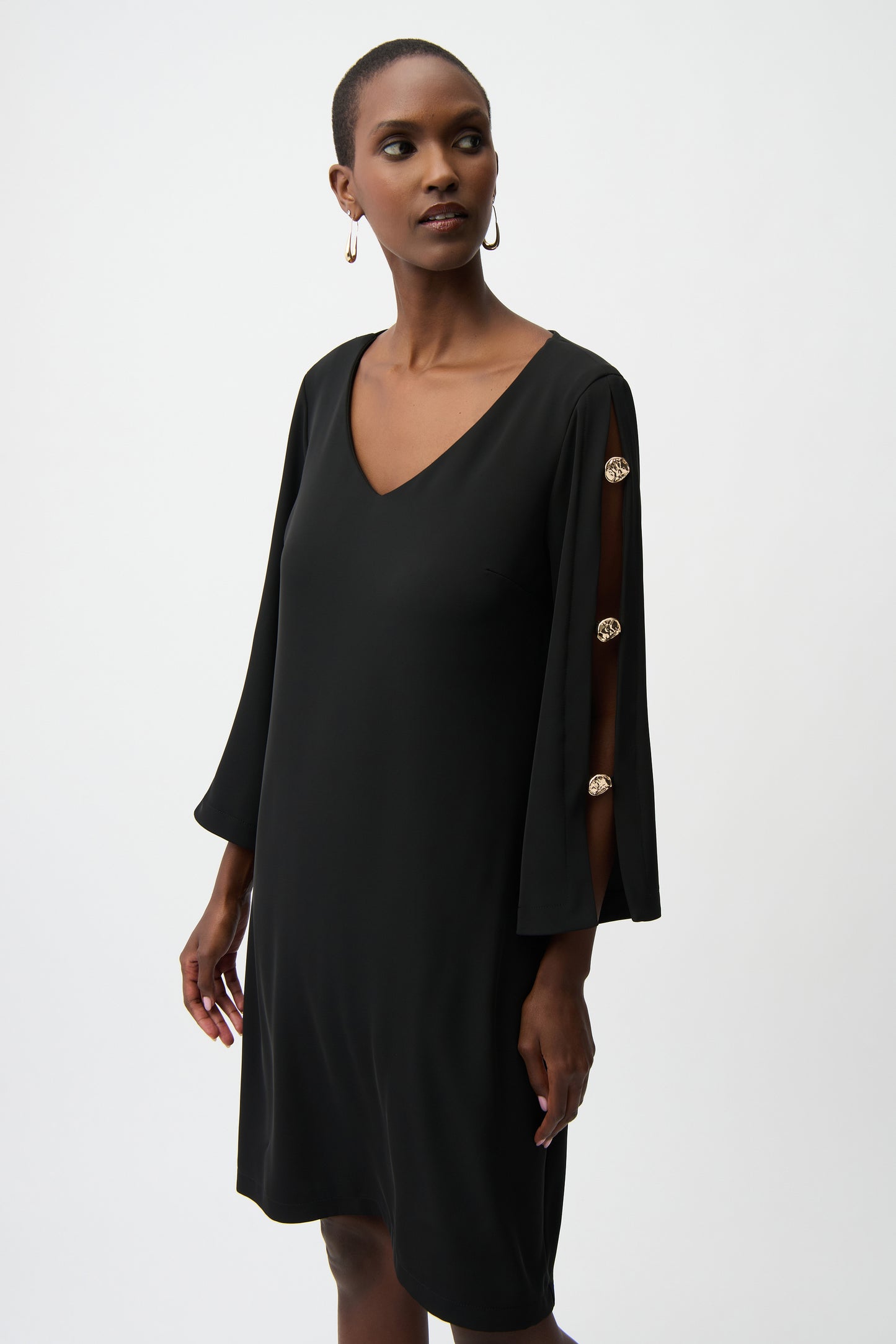 Woven Twill Trapeze Dress With Gold Trimmed Slit Sleeves