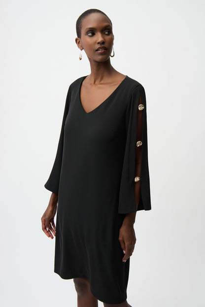 Woven Twill Trapeze Dress With Gold Trimmed Slit Sleeves