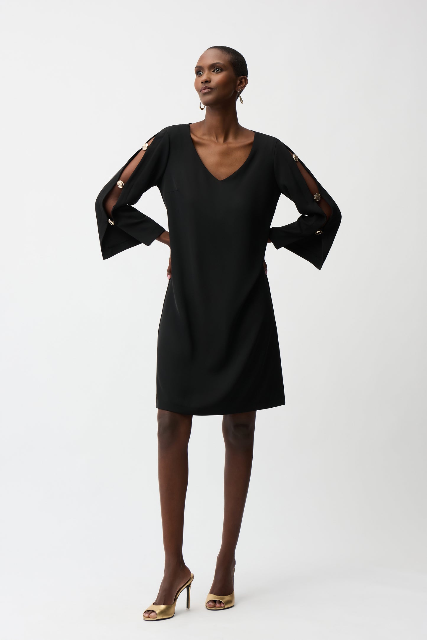 Woven Twill Trapeze Dress With Gold Trimmed Slit Sleeves