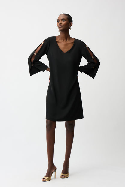Woven Twill Trapeze Dress With Gold Trimmed Slit Sleeves