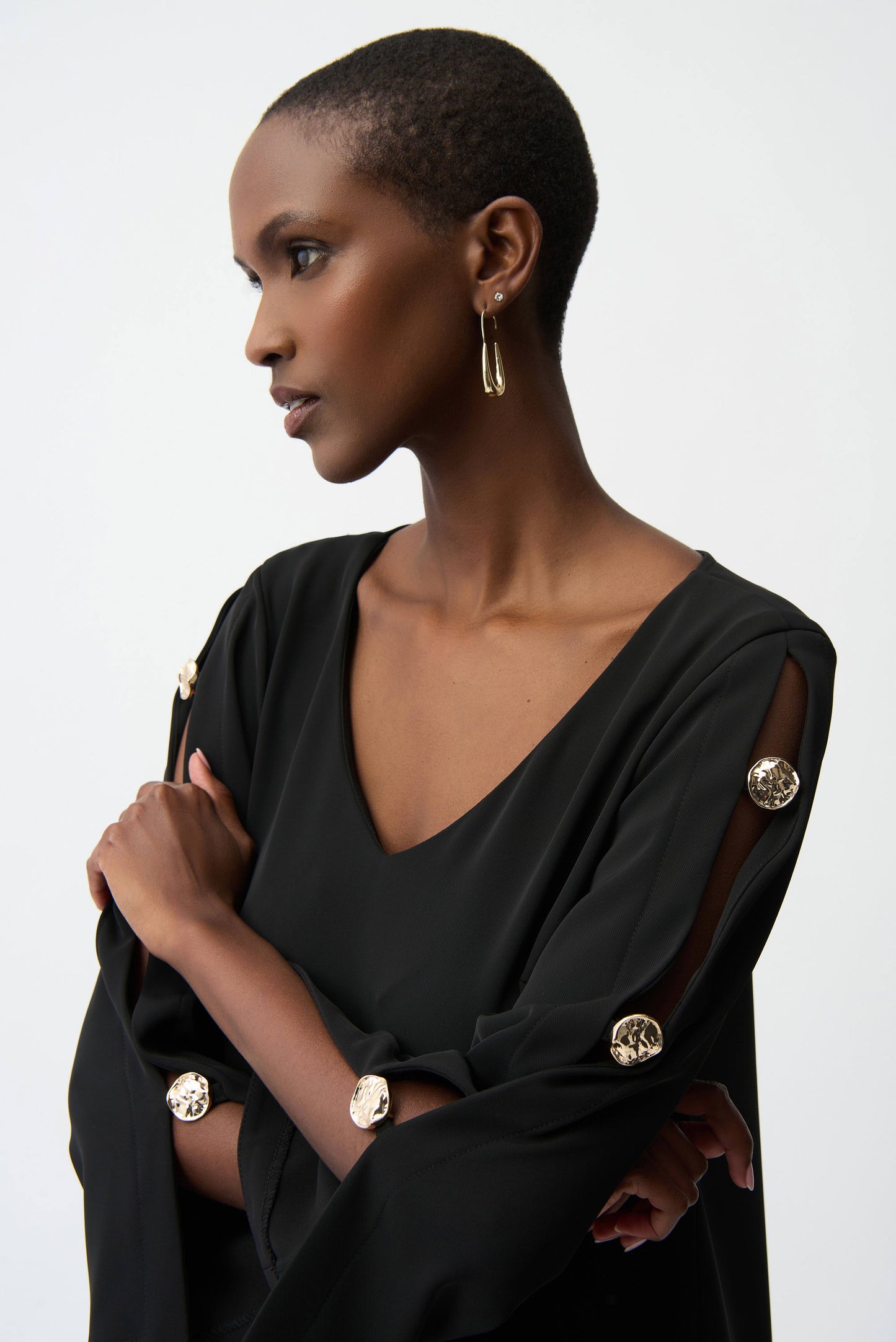 Woven Twill Trapeze Dress With Gold Trimmed Slit Sleeves