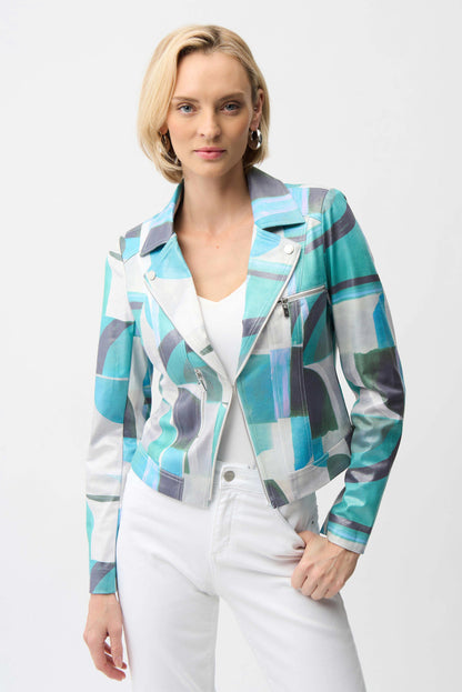 Foiled Faux Suede Geometric Print Fitted Jacket