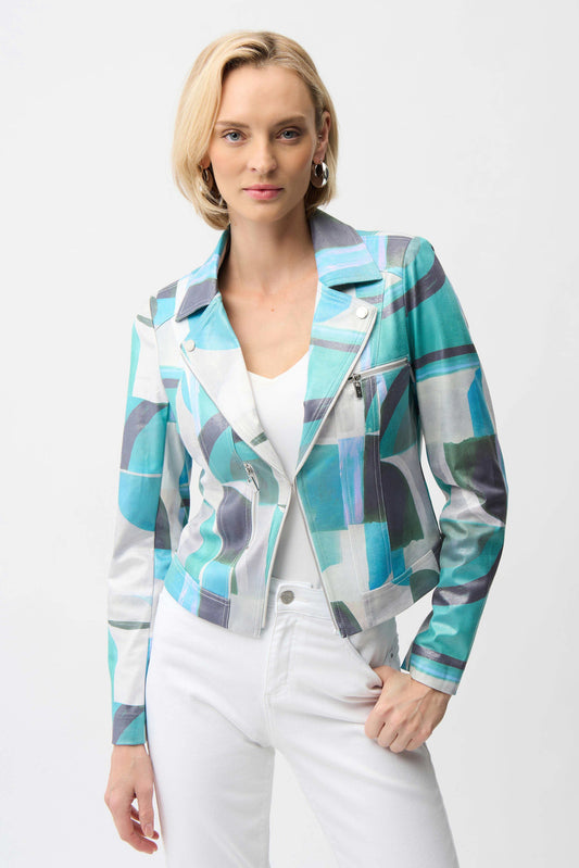 Foiled Faux Suede Geometric Print Fitted Jacket