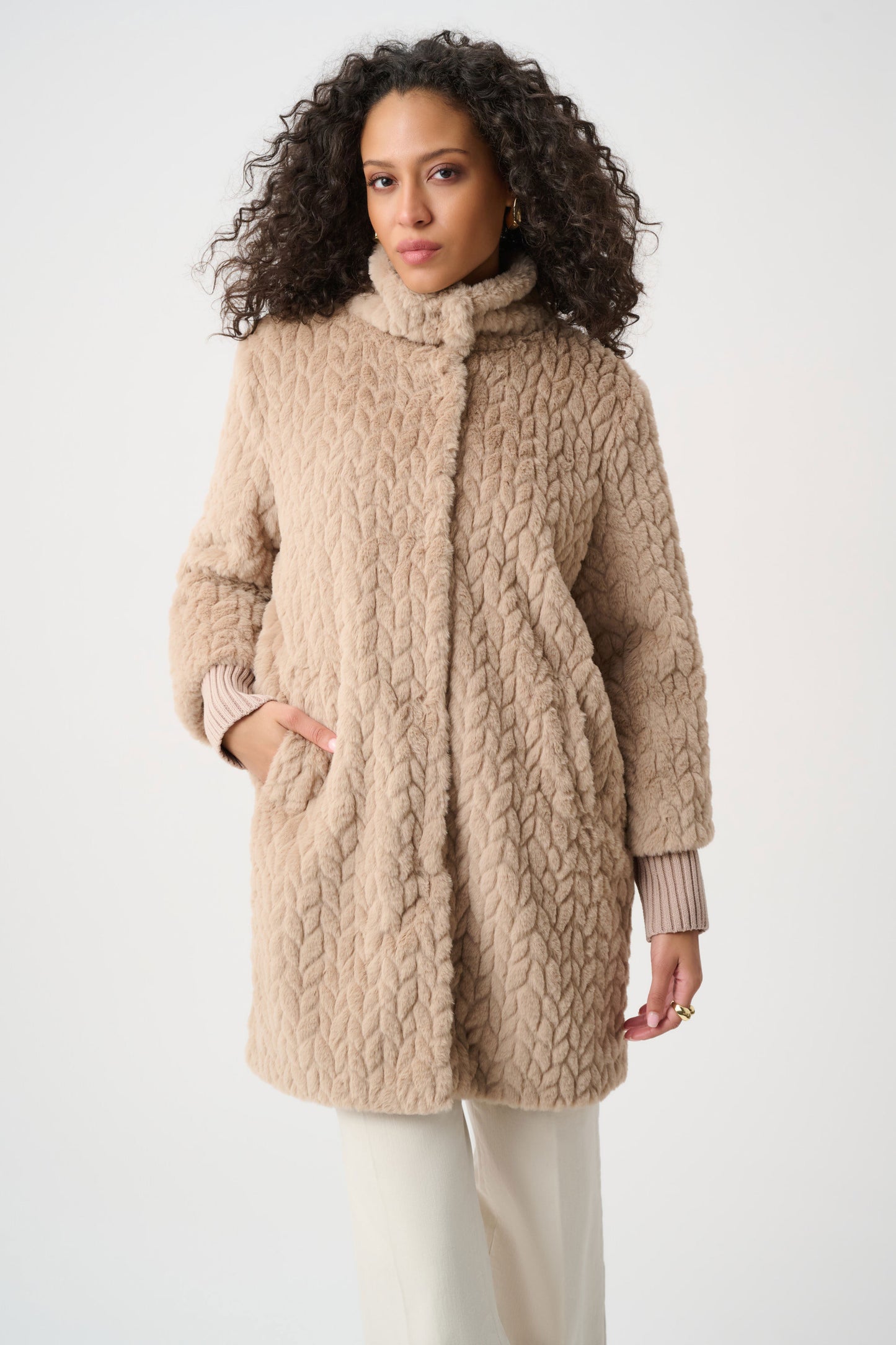 Textured Faux Fur Mock-Neck Coat