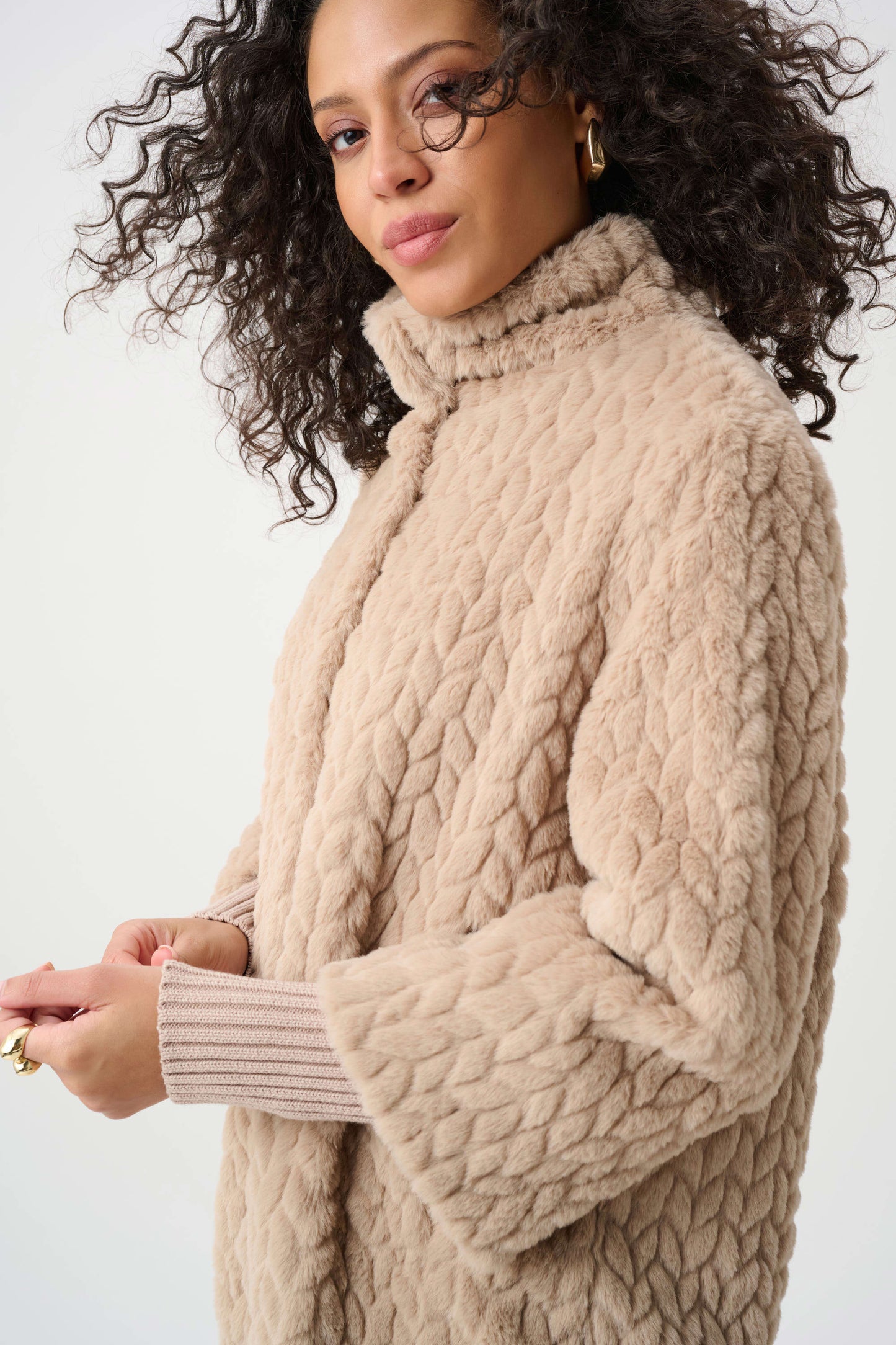Textured Faux Fur Mock-Neck Coat