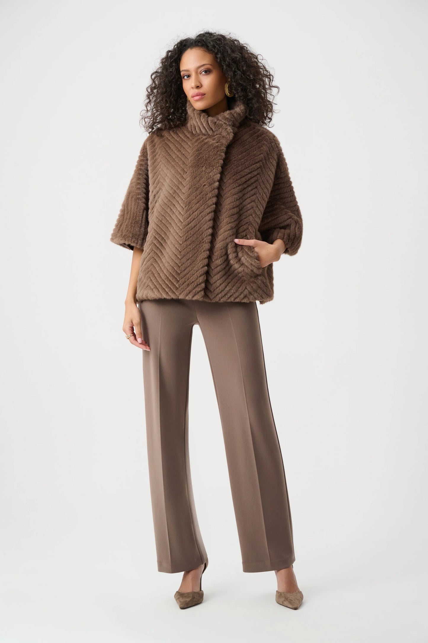 Chevron Faux Fur Cape-Style Jacket