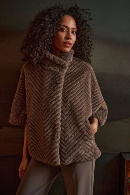 Chevron Faux Fur Cape-Style Jacket