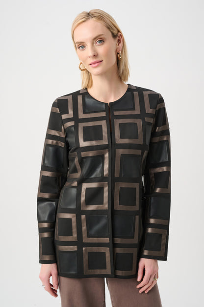 Leatherette and Scuba Collarless Two-Tone Jacket