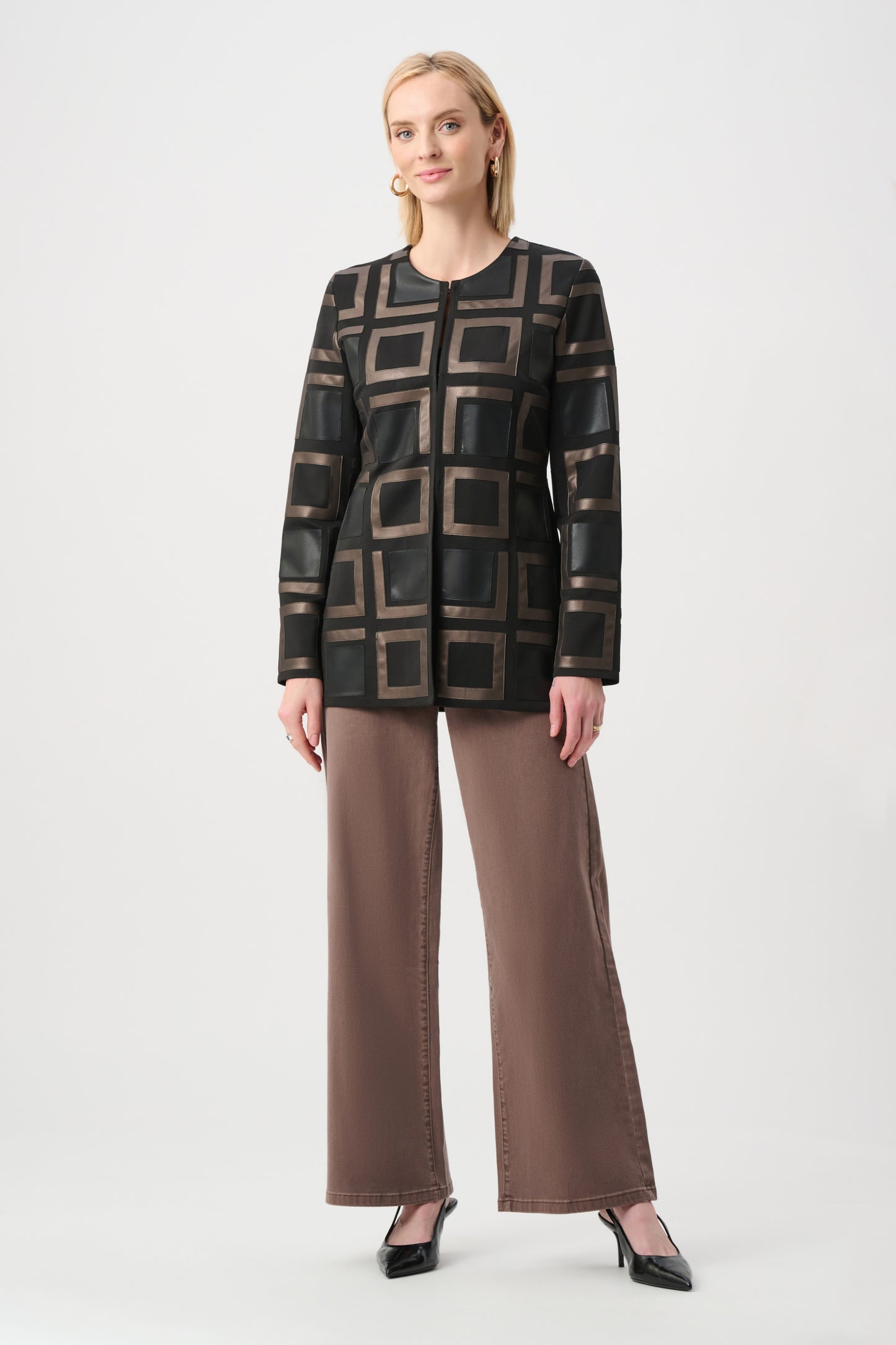 Leatherette and Scuba Collarless Two-Tone Jacket