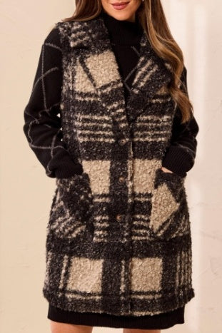 Plaid Boucle Button Front Vest