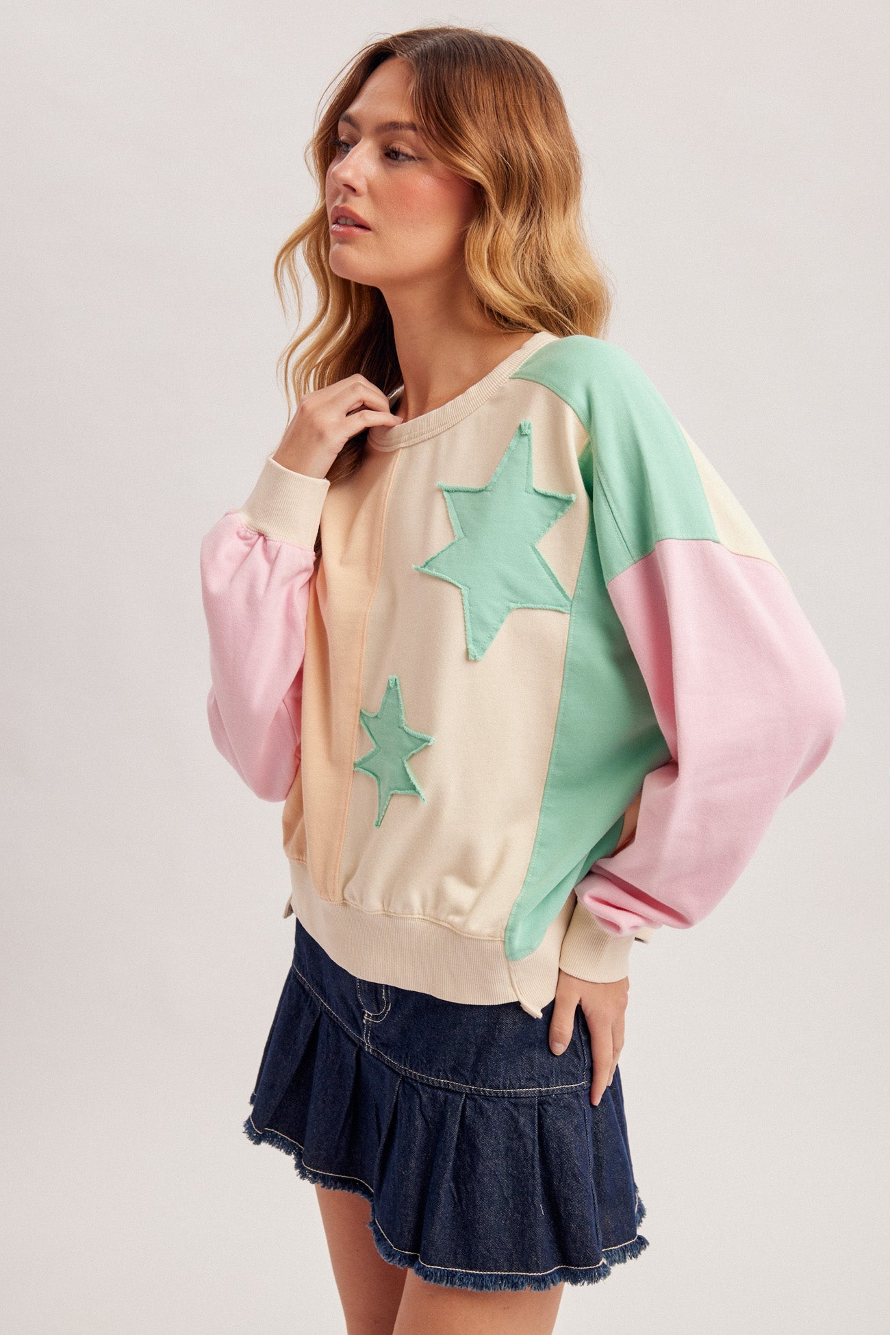 Star-Patched Color Block Top