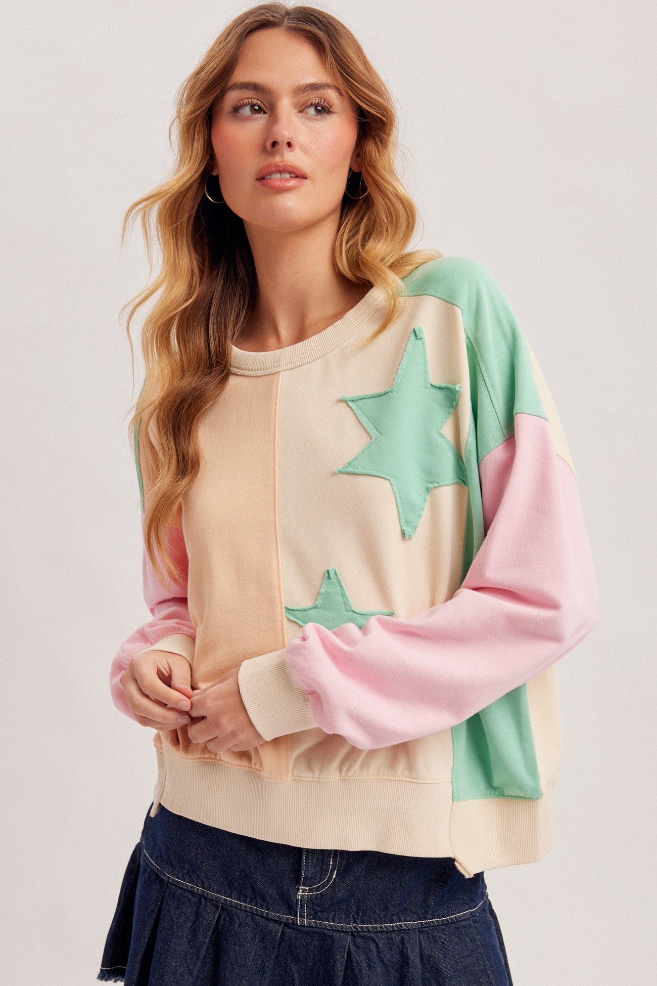 Star-Patched Color Block Top