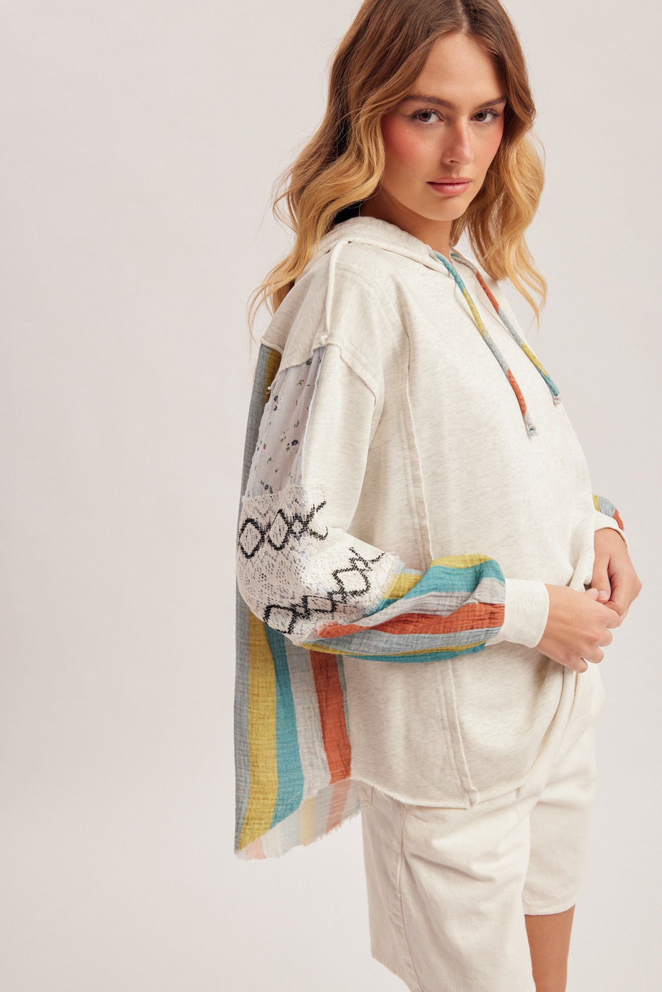 Fabric Mixed Sleeve Terry Hoodie Top