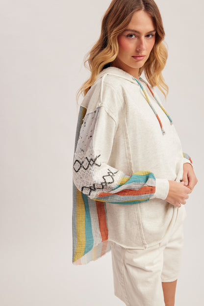 Fabric Mixed Sleeve Terry Hoodie Top