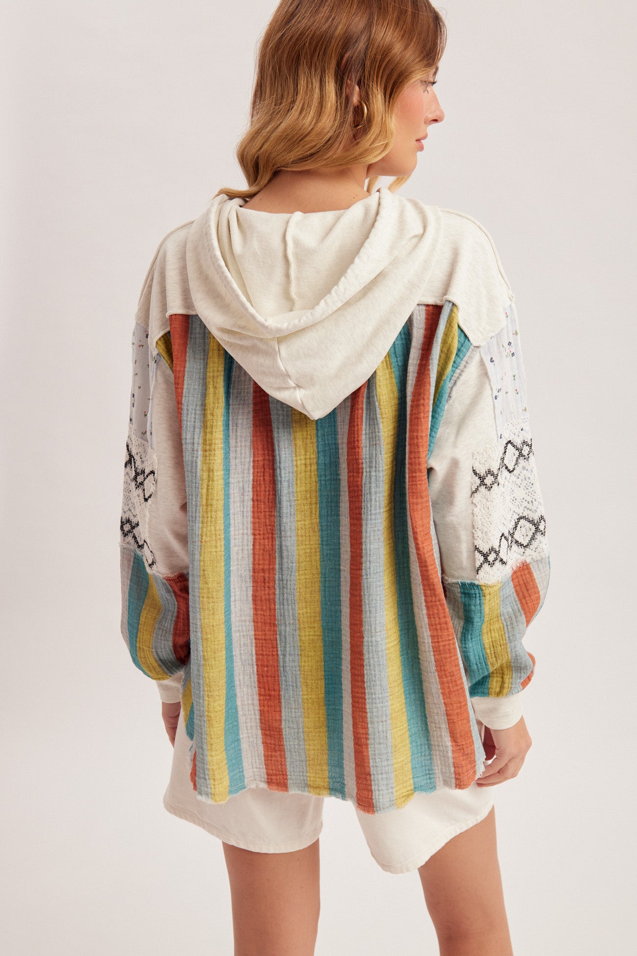 Fabric Mixed Sleeve Terry Hoodie Top