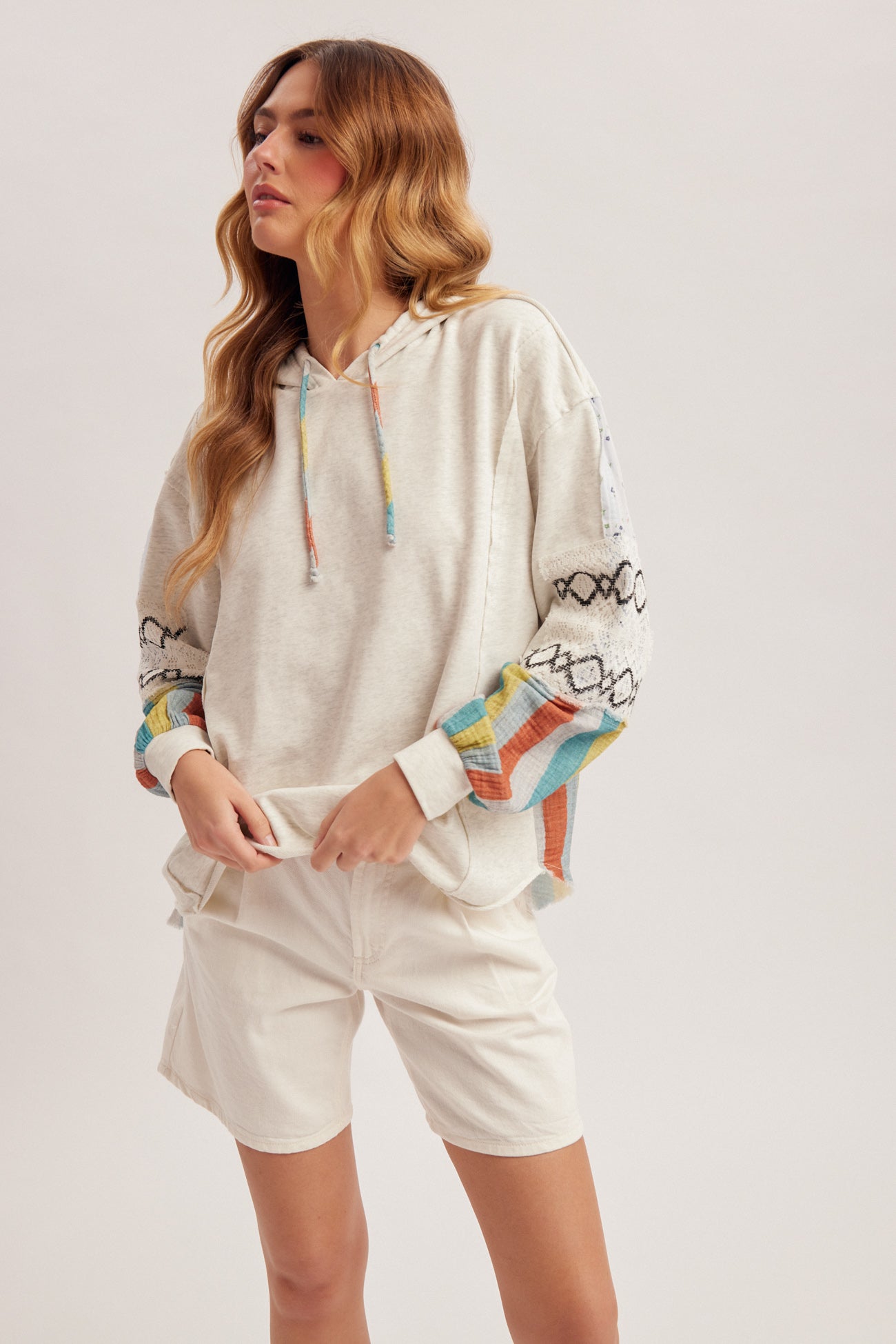 Fabric Mixed Sleeve Terry Hoodie Top