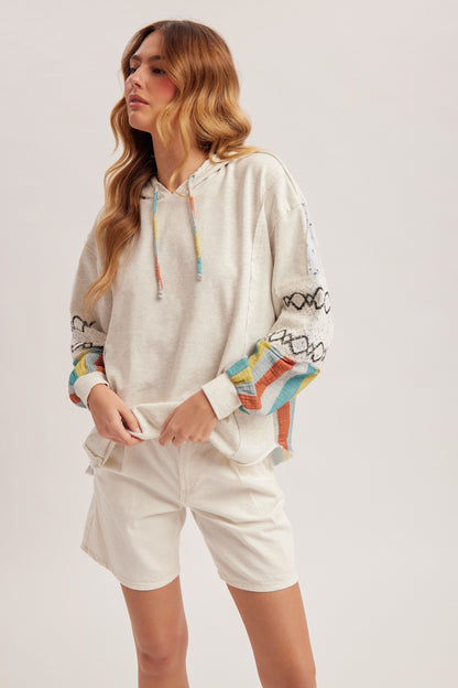 Fabric Mixed Sleeve Terry Hoodie Top