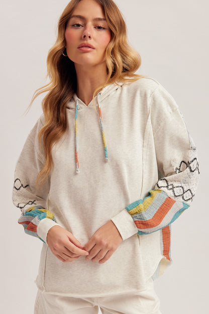 Fabric Mixed Sleeve Terry Hoodie Top