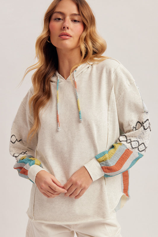 Fabric Mixed Sleeve Terry Hoodie Top
