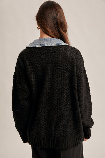 Denim Contrast Sweater Cardigan