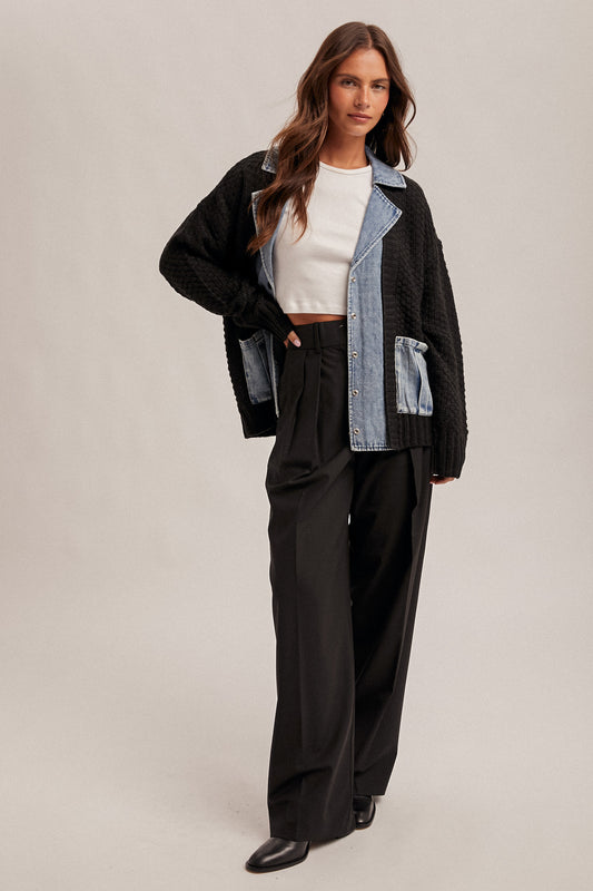 Denim Contrast Sweater Cardigan