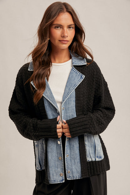 Denim Contrast Sweater Cardigan