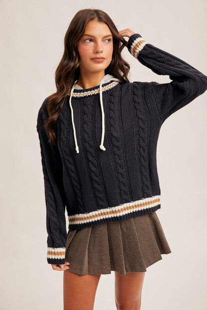 Navy Cable Knit Hoodie Sweater