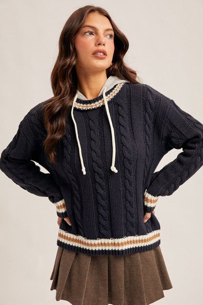 Navy Cable Knit Hoodie Sweater