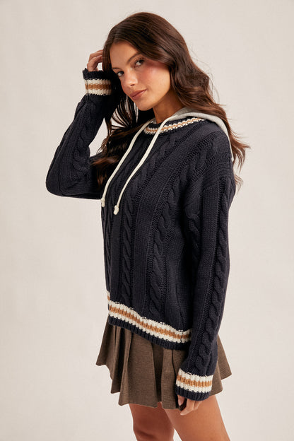 Navy Cable Knit Hoodie Sweater