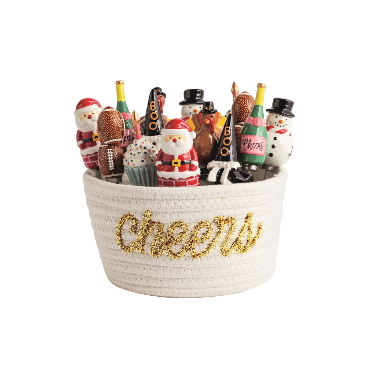 Decorative basket with Christmas-themed items and 'Cheers' text on a white background