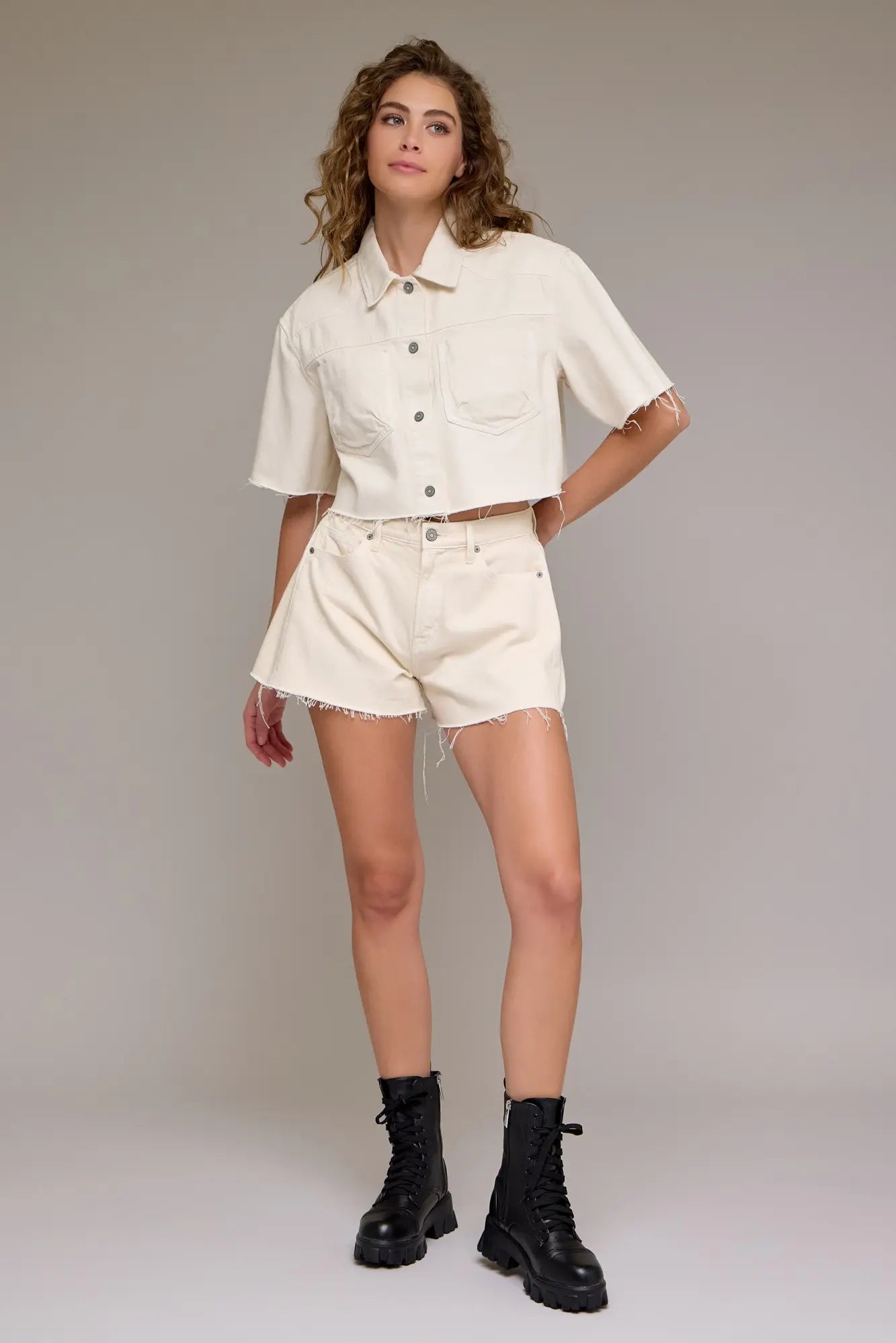 Ecru Wash Boxy Cropped Shirt