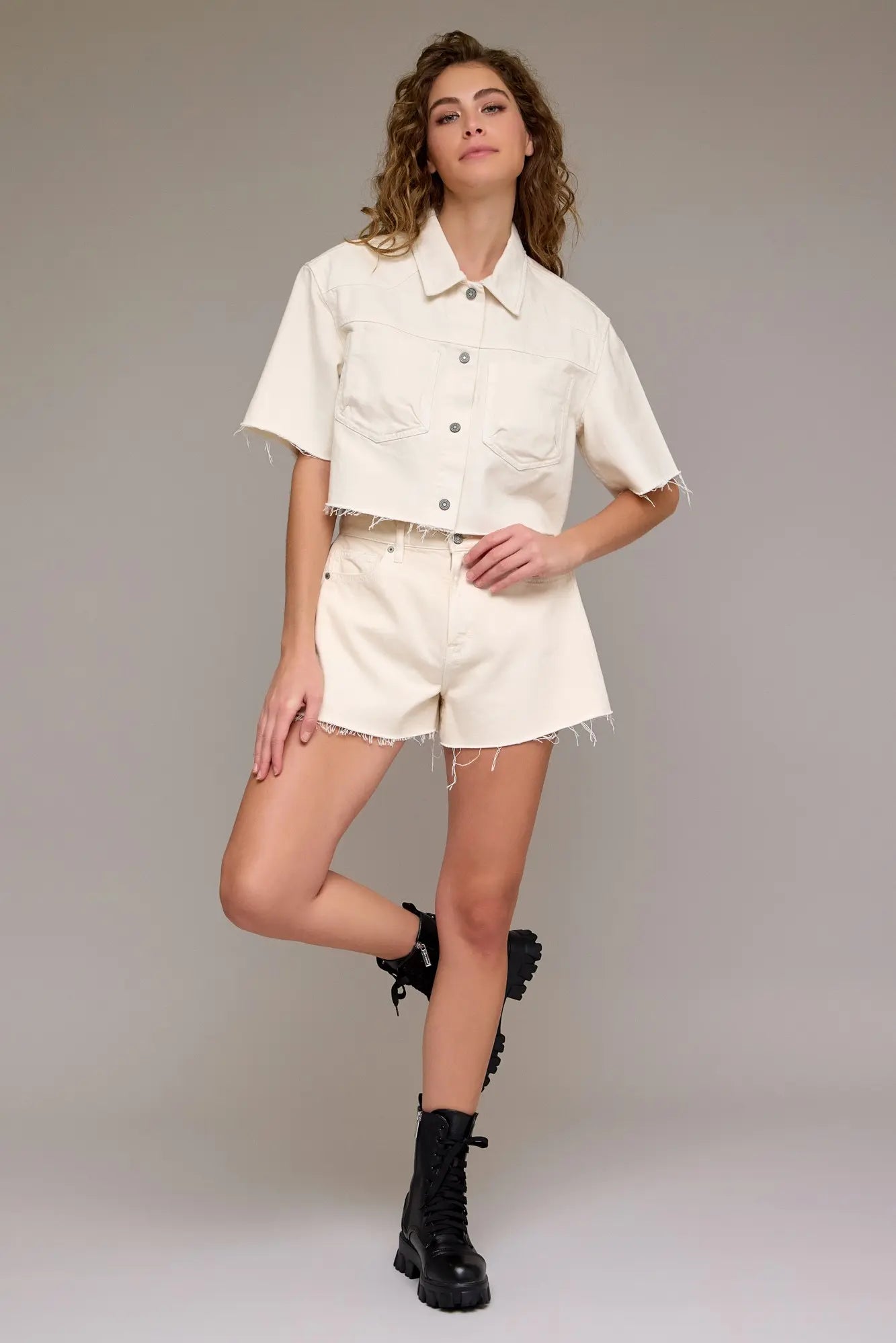 Ecru Wash Boxy Cropped Shirt