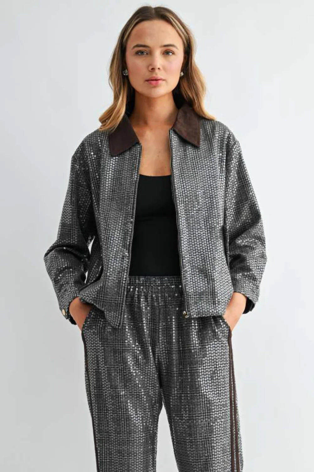 Jezel Sequin Plaid Zip-Up Jacket