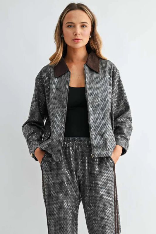 Jezel Sequin Plaid Zip-Up Jacket