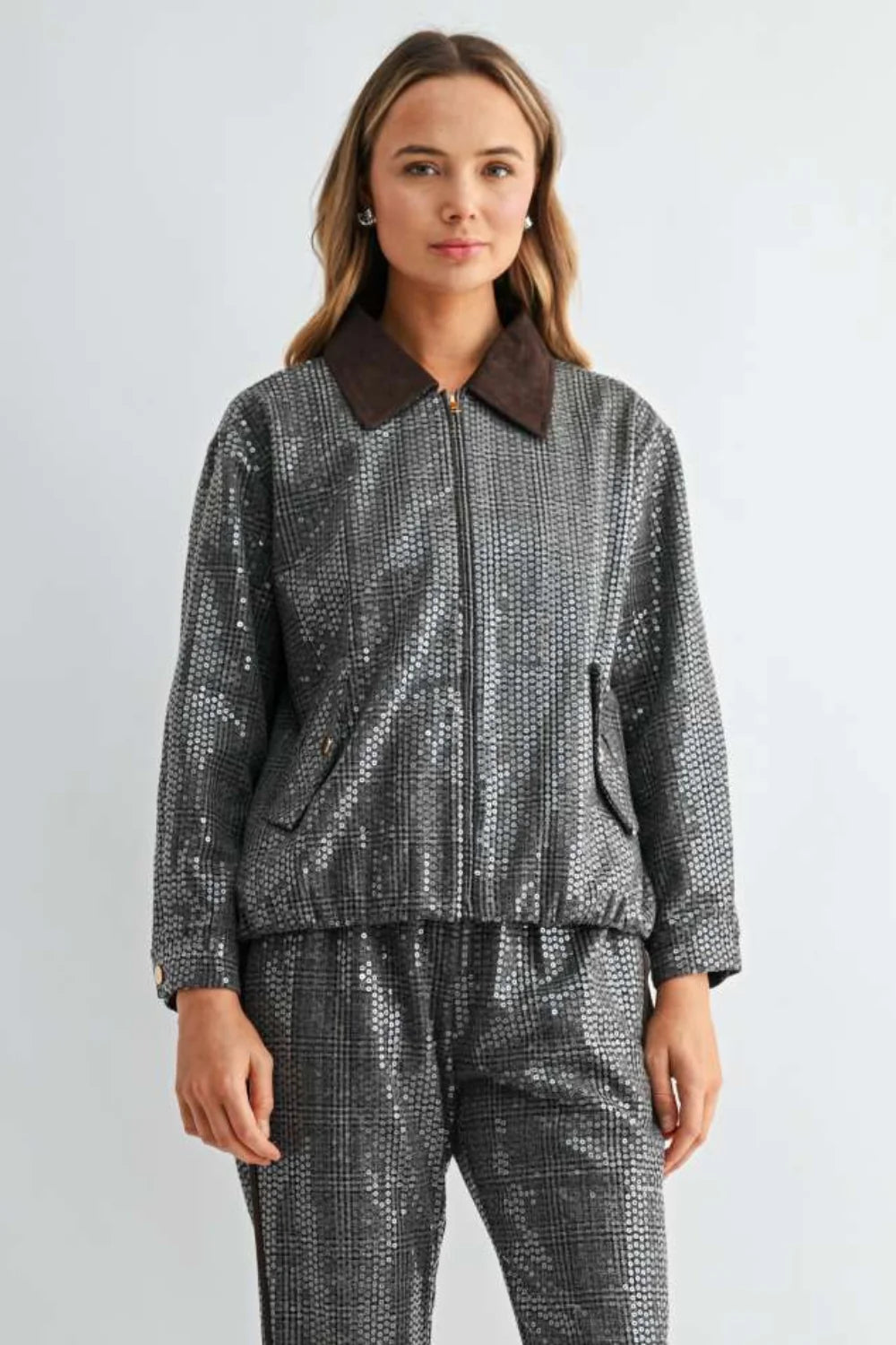 Jezel Sequin Plaid Zip-Up Jacket
