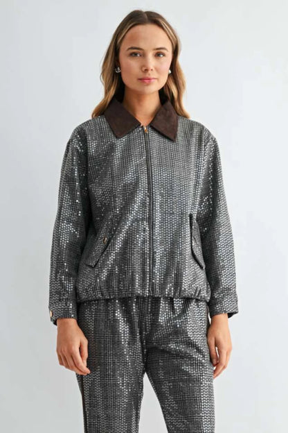 Jezel Sequin Plaid Zip-Up Jacket