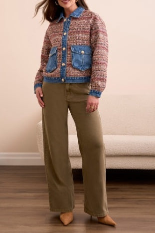Denim-Trimmed Woven Patch Pocket Jacket