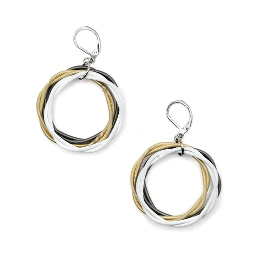 Bright Gold, Slate, and White Twisted Loop Earrings