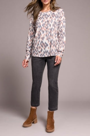 CREW NECK COMBO PRINT KNIT TOP-ALMOND LATTE