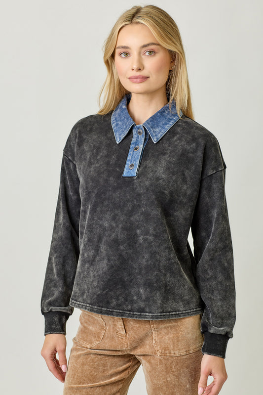 Denim and Black Wash Polo Shirt