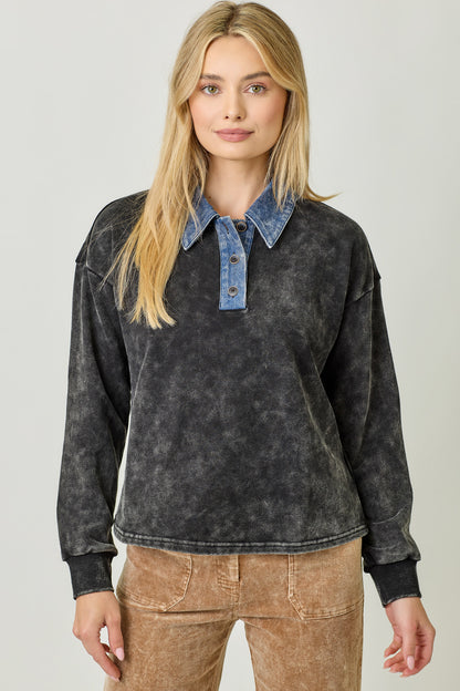 Denim and Black Wash Polo Shirt