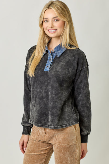 Denim and Black Wash Polo Shirt