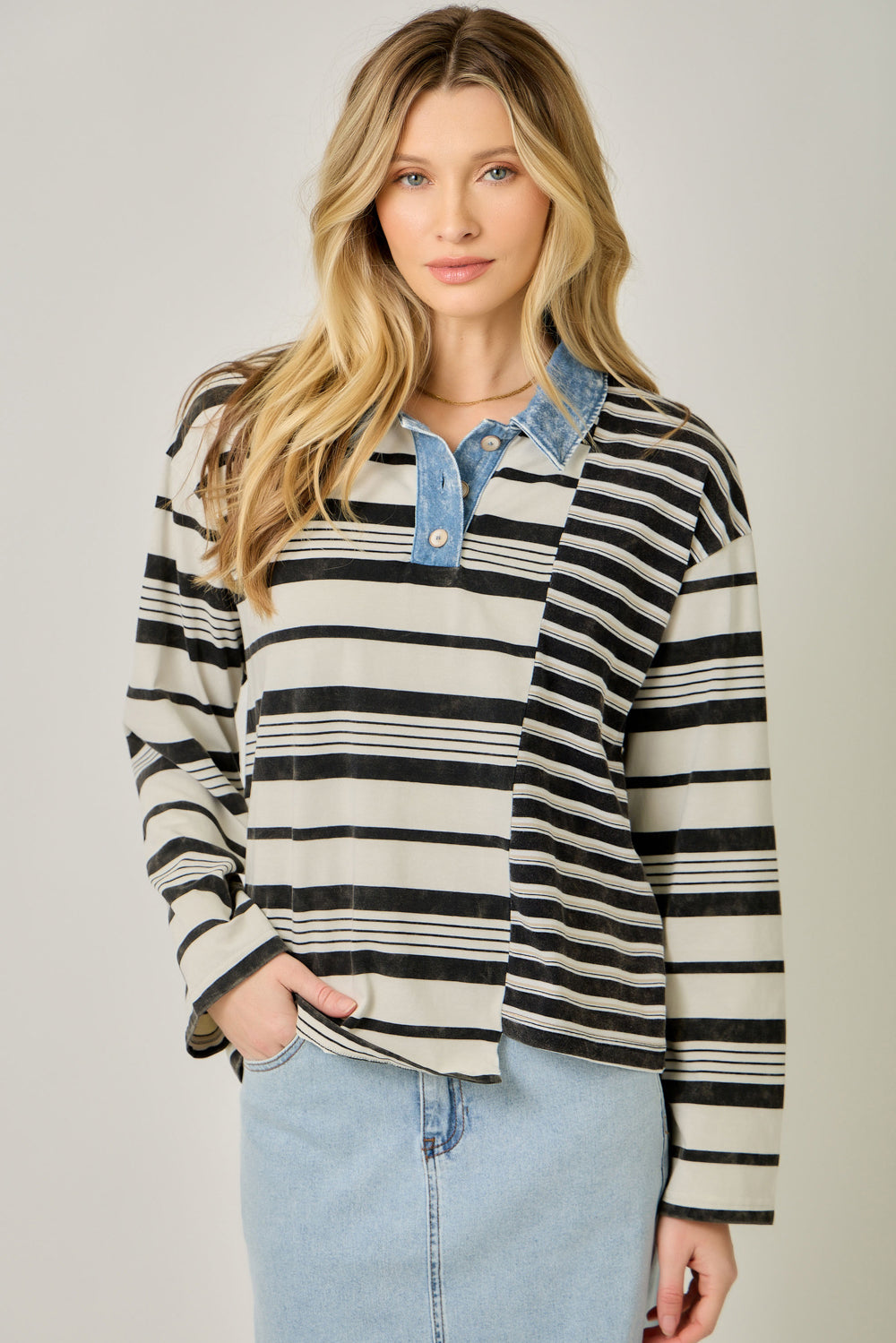 Mixed Stripe Chambray Collar Top
