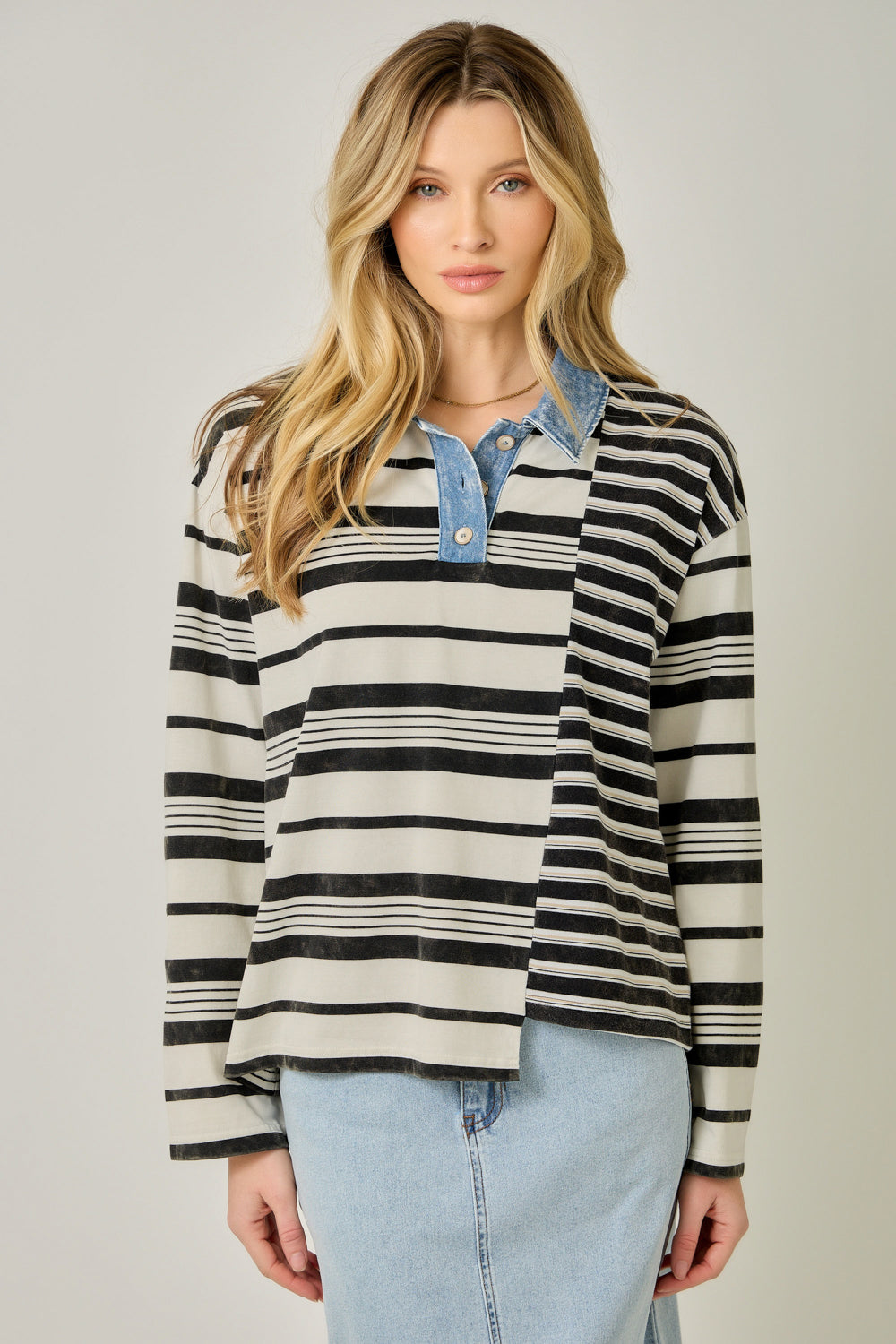 Mixed Stripe Chambray Collar Top