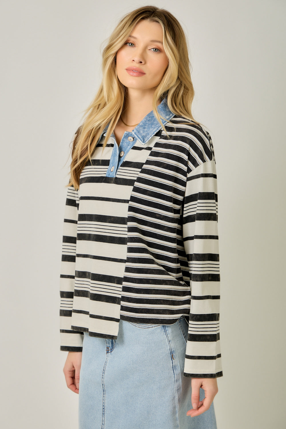 Mixed Stripe Chambray Collar Top
