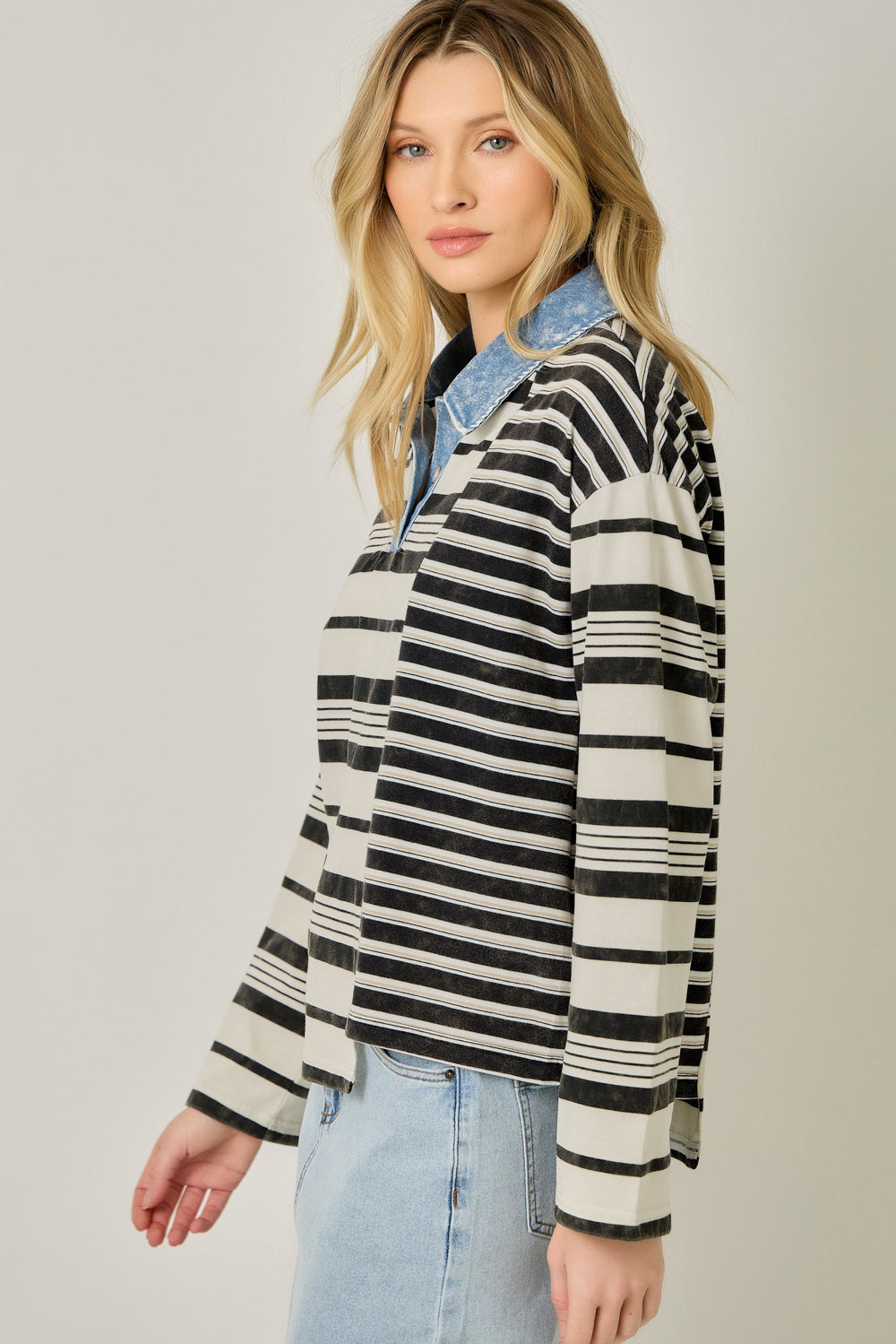 Mixed Stripe Chambray Collar Top